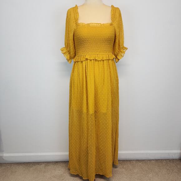 Anthropologie Ruffle Smocked Maxi Dress Size S Dark Yellow Cottage Prairie Boho - Picture 2 of 16